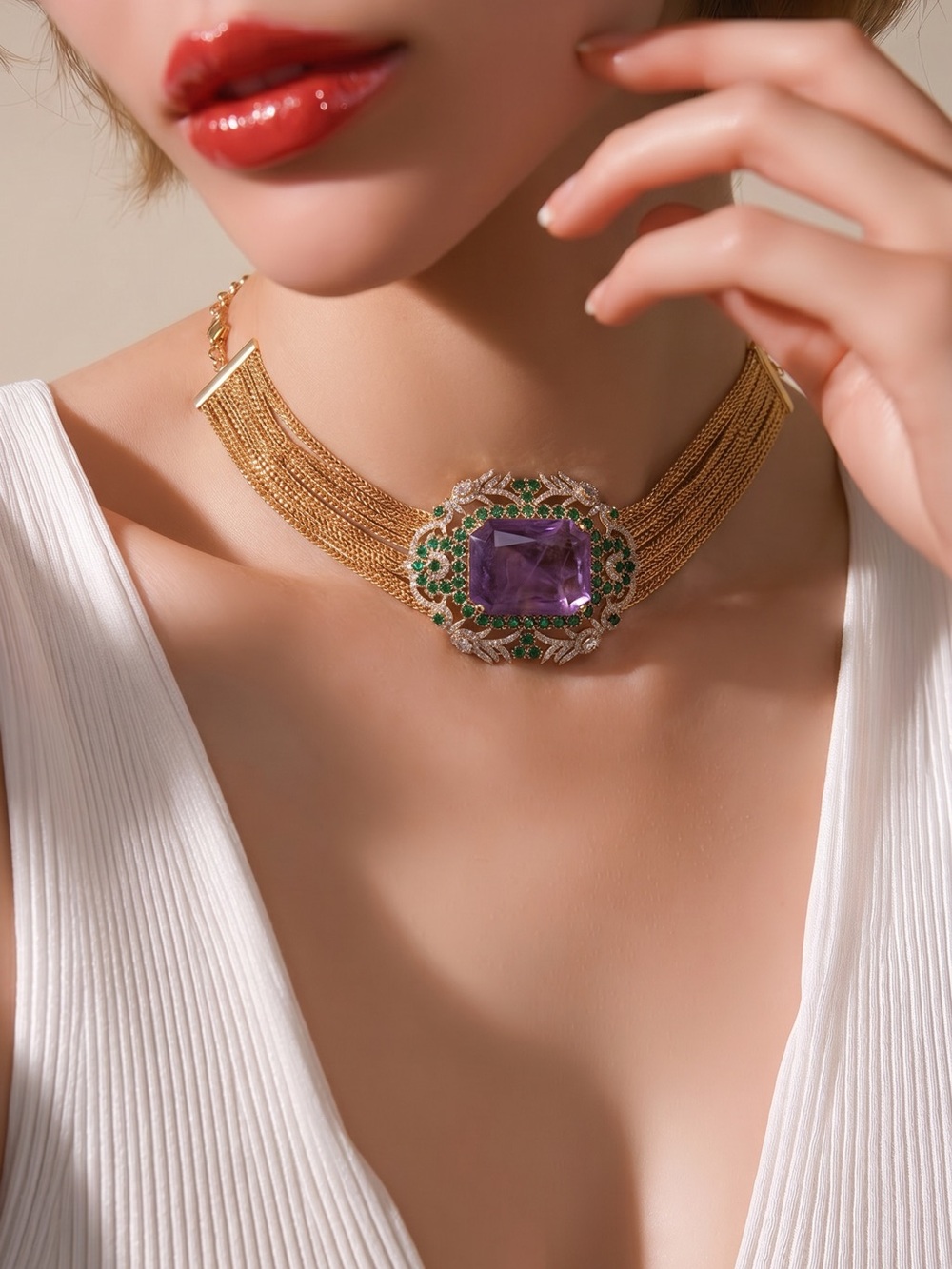 Gold Multi-Chain Choker Necklace with Purple Center Stone and Green Accents